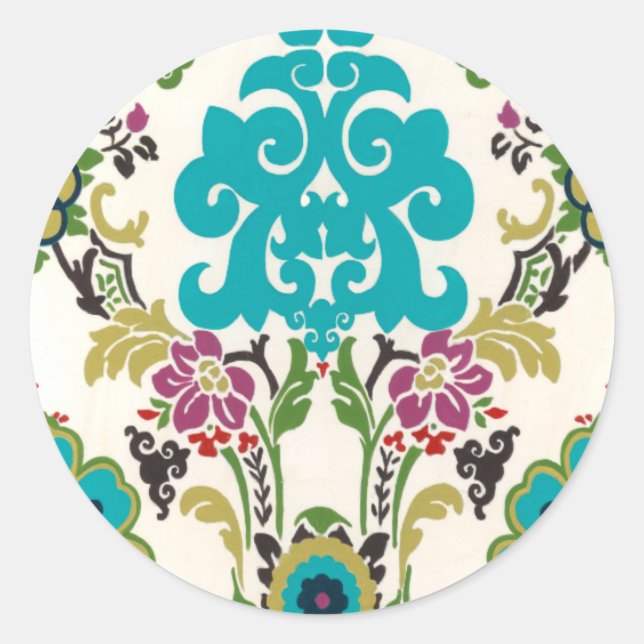 Damask Floral Patterns Plum Turquoise Classic Round Sticker (Front)