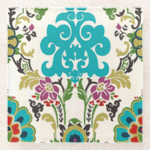 Damask Floral Patterns Plum Turquoise Glass Coaster