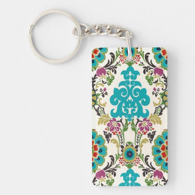 Damask Floral Patterns Plum Turquoise Key Ring (Front)