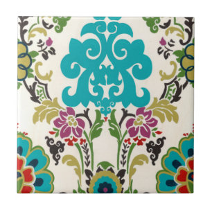 Damask Floral Patterns Plum Turquoise Tile