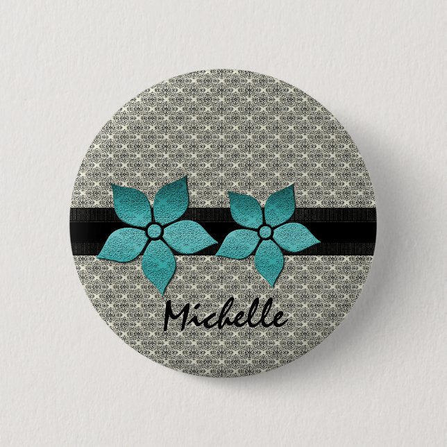 Damask Flowers Striped Border Button (Front)