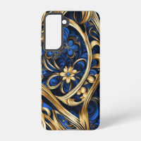 Damask Flowers Swirls Blue Gold Black