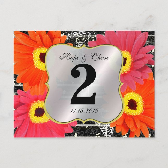 Damask Fuchsia Gerber Daisy Wedding Table Number Postcard (Front)