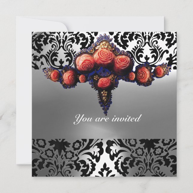 DAMASK GEM AND PINK ROSES MONOGRAM INVITATION (Front)