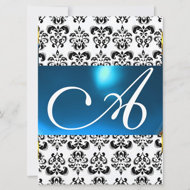 DAMASK GEM MONOGRAM blue white Invitation (Front)