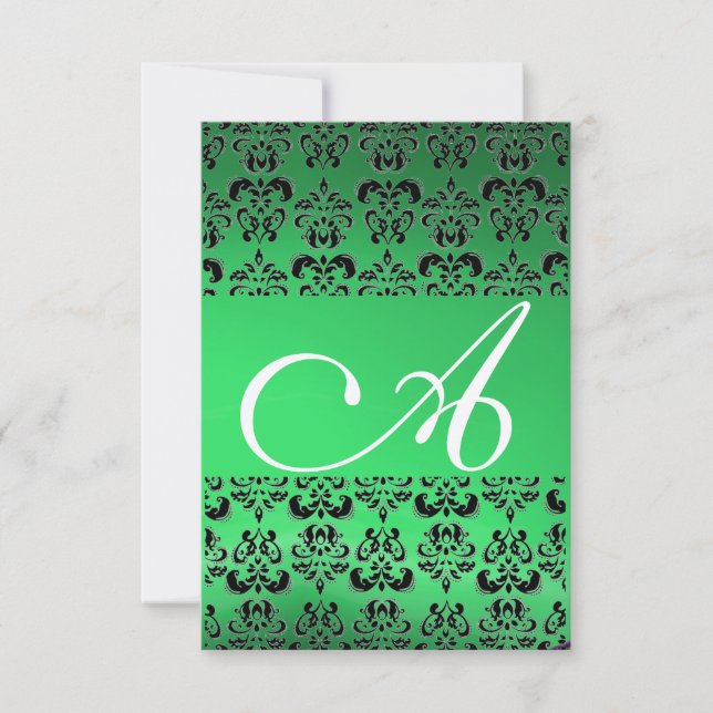 DAMASK GEM MONOGRAM green rsvp gold Invitation (Front)