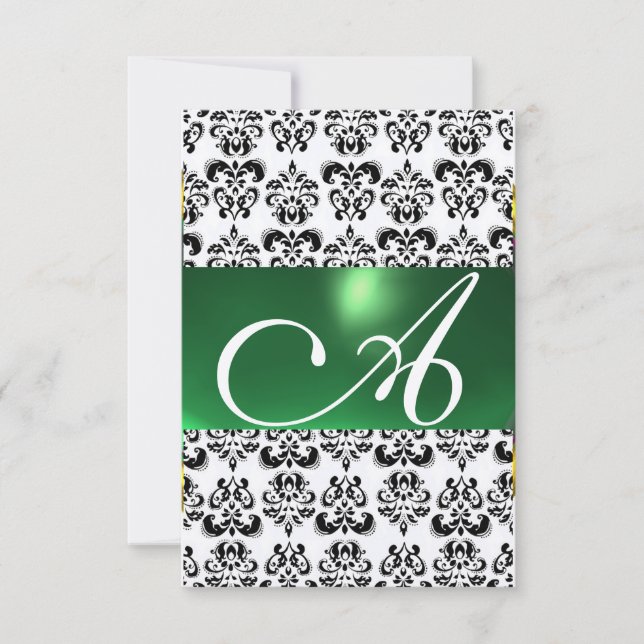 DAMASK GEM MONOGRAM green rsvp gold Invitation (Front)
