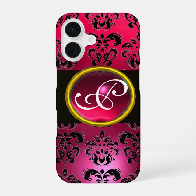 DAMASK GEM MONOGRAM Pink Red Ruby iPhone 16 Case (Back)