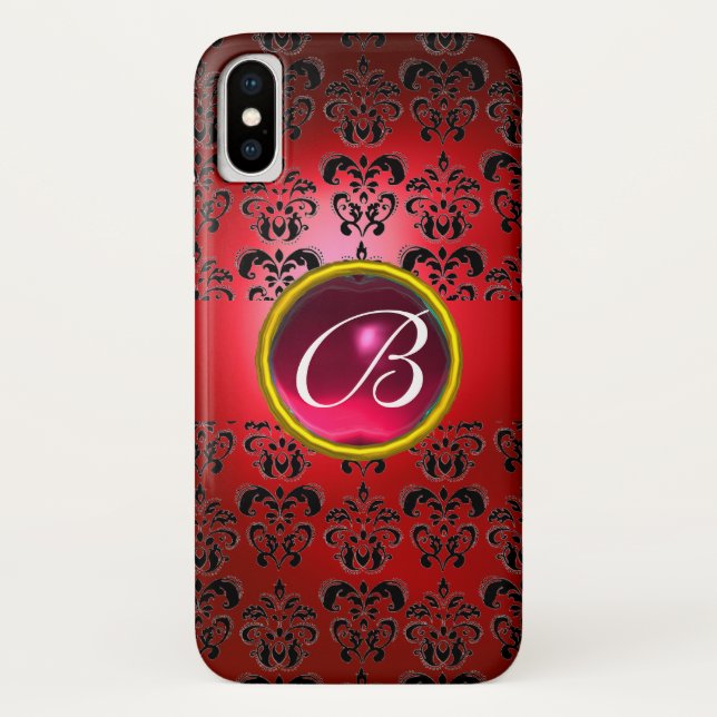 DAMASK GEM MONOGRAM red black pink fuchsia Case-Mate iPhone Case (Back)