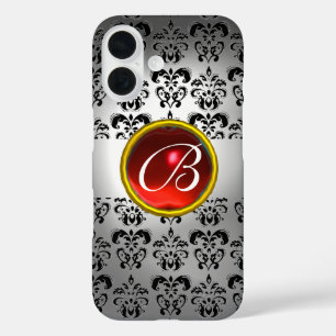 DAMASK GEM MONOGRAM white black red iPhone 16 Case