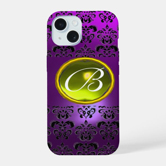 DAMASK GEM MONOGRAM Yellow purple iPhone 15 Case (Back)