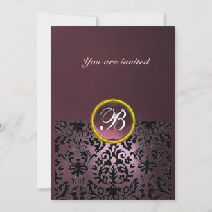 DAMASK GEM STONE MONOGRAM amethyst purple dark Invitation