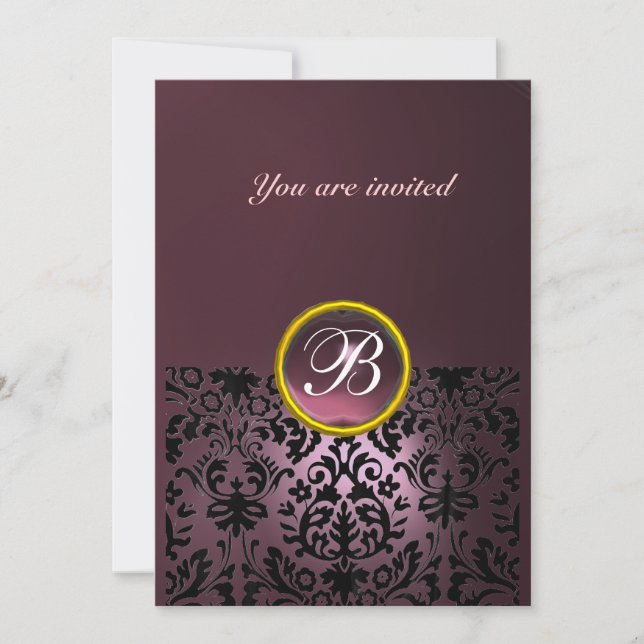 DAMASK GEM STONE MONOGRAM amethyst purple dark Invitation (Front)