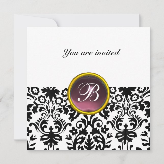 DAMASK GEM STONE MONOGRAM amethyst purple white Invitation (Front)