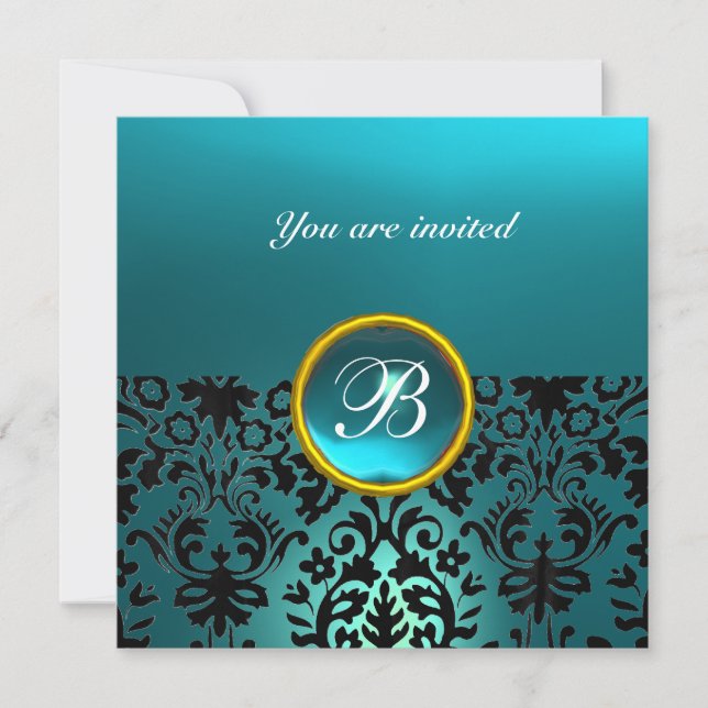 DAMASK GEM STONE MONOGRAM aquamarine blue Invitation (Front)