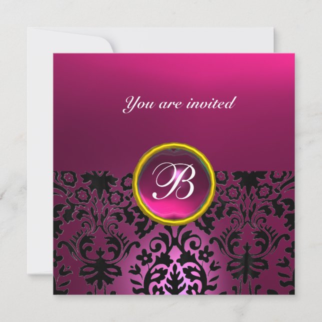DAMASK GEM STONE MONOGRAM black fuchsia,violet Invitation (Front)