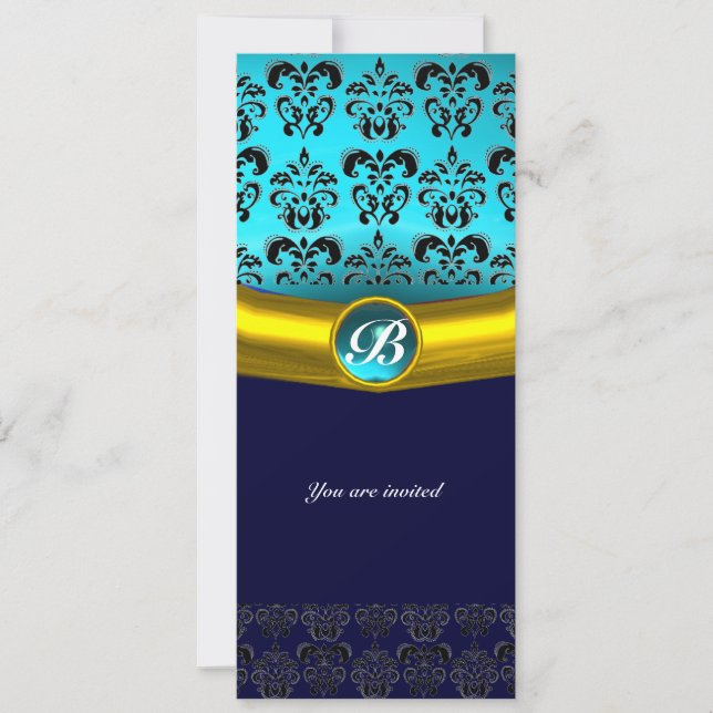 DAMASK GEM STONE MONOGRAM ,blue turquase Invitation (Front)