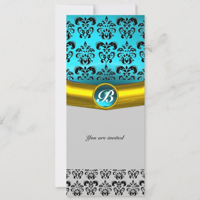 DAMASK GEM STONE MONOGRAM ,blue white black yellow Invitation (Front)