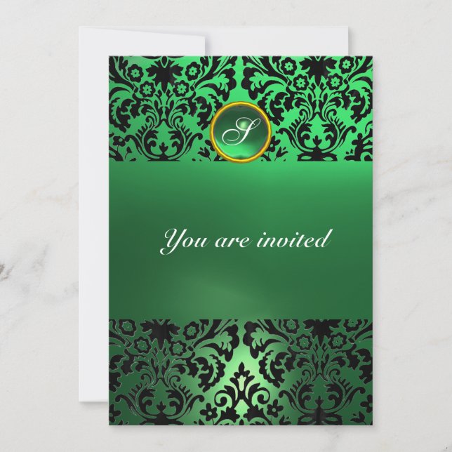 DAMASK GEM STONE MONOGRAM green jade Invitation (Front)
