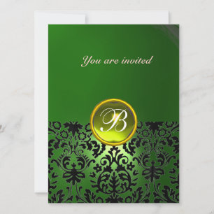 DAMASK GEM STONE MONOGRAM green yellow Invitation