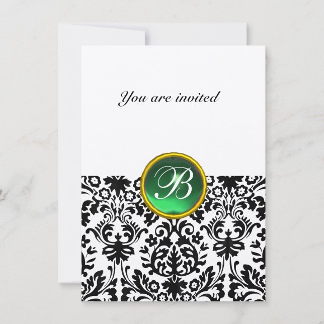 DAMASK GEM STONE MONOGRAM jade green felt rsvp Invitation (Front)