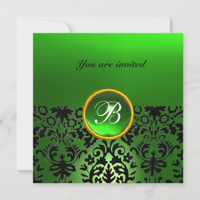 DAMASK GEM STONE MONOGRAM jade green Invitation (Front)