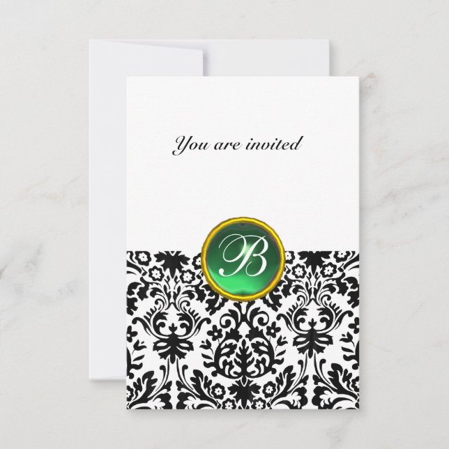 DAMASK GEM STONE MONOGRAM jade green white rsvp Invitation (Front)