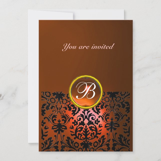 DAMASK GEM STONE MONOGRAM orange agate,yellow Invitation (Front)
