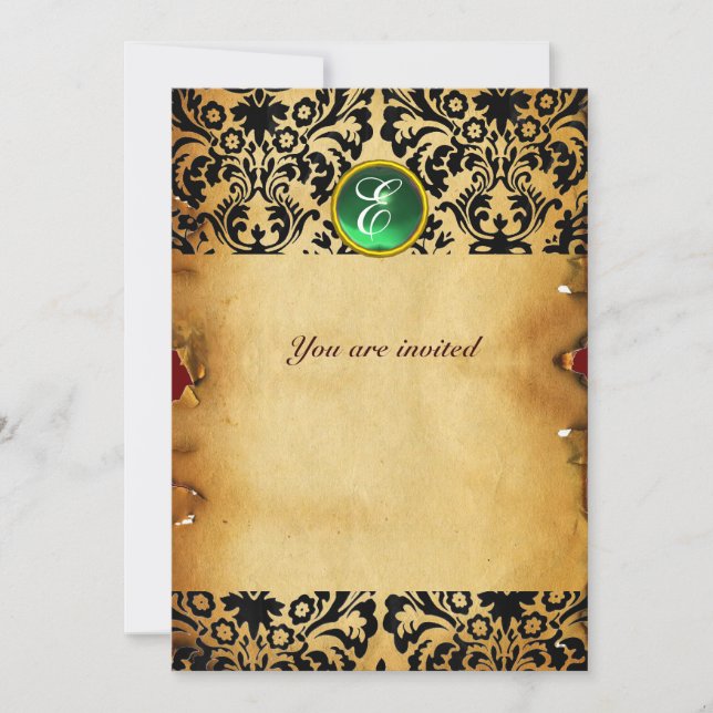DAMASK GEM STONE MONOGRAM parchment green Invitation (Front)