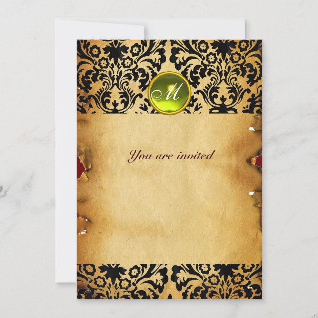 DAMASK GEM STONE MONOGRAM parchment yellow Invitation (Front)