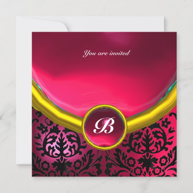 DAMASK GEM STONE MONOGRAM pink  fuchsia ruby Invitation (Front)