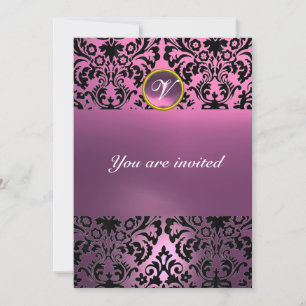 DAMASK GEM STONE MONOGRAM pink purple Invitation
