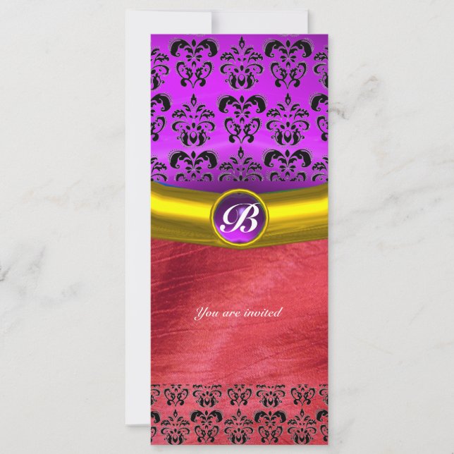 DAMASK GEM STONE MONOGRAM pink purple violet silk Invitation (Front)