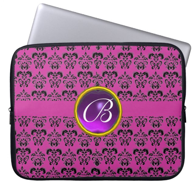 DAMASK GEM STONE MONOGRAM purple black Laptop Sleeve (Front)