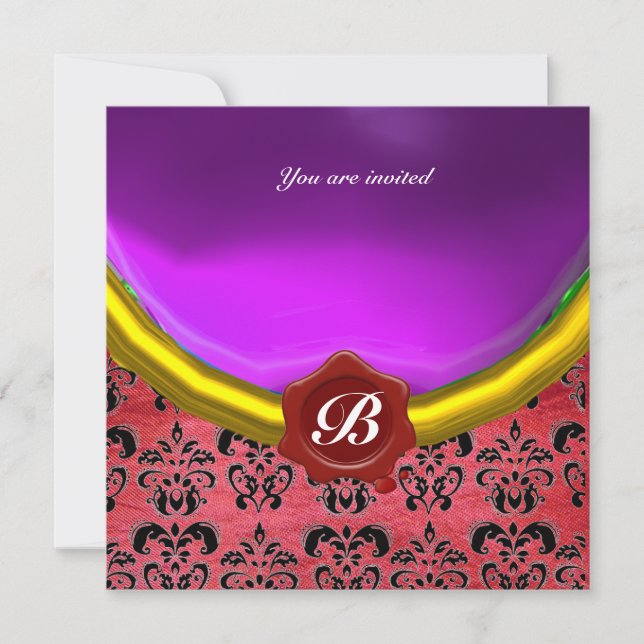 DAMASK GEM STONE MONOGRAM purple violet silk Invitation (Front)