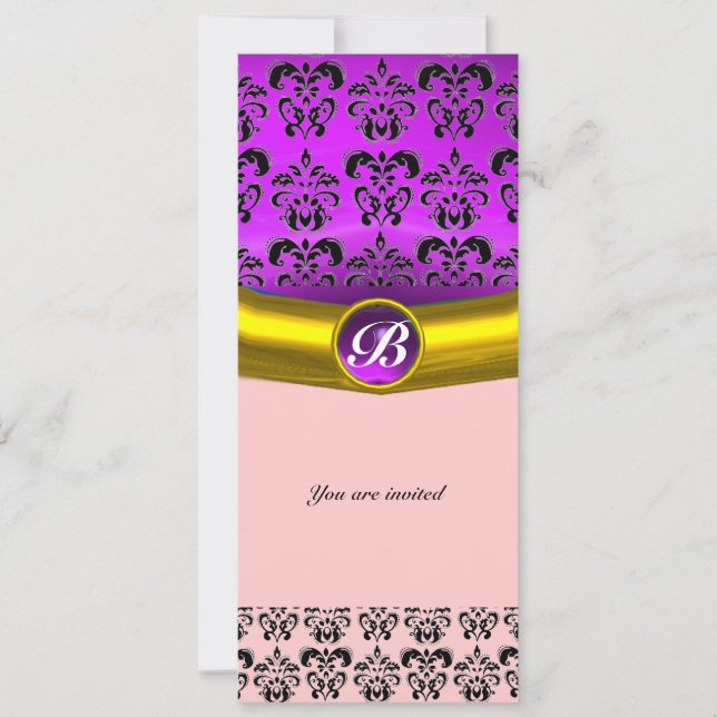 DAMASK GEM STONE MONOGRAM purple white black Invitation (Front)