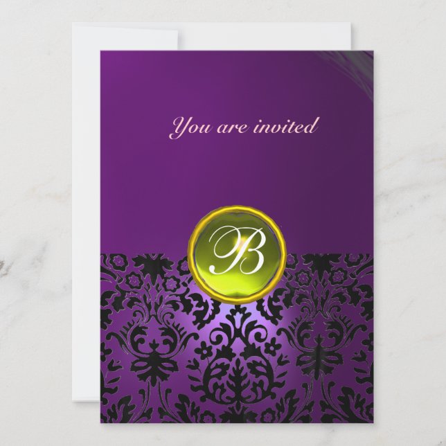 DAMASK GEM STONE MONOGRAM purple yellow Invitation (Front)