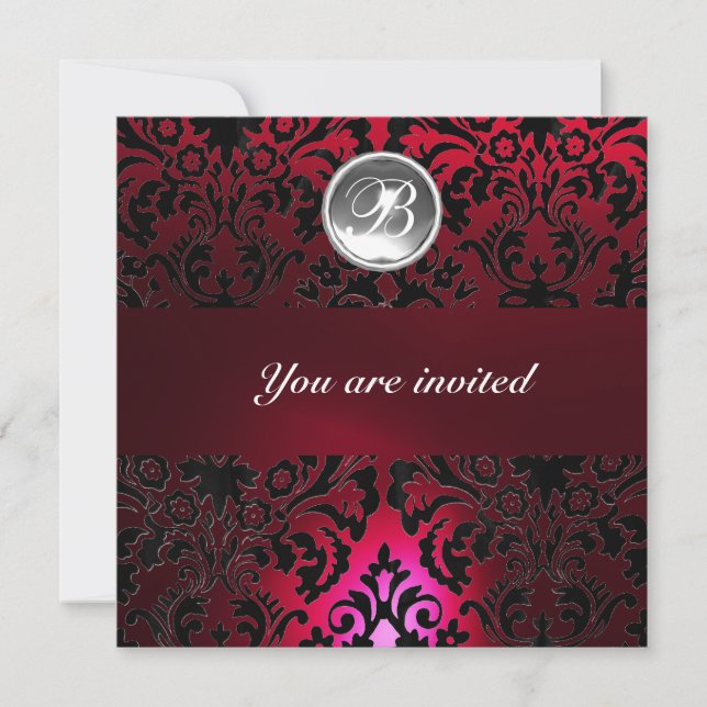 DAMASK GEM STONE MONOGRAM red burgundy white black Invitation (Front)