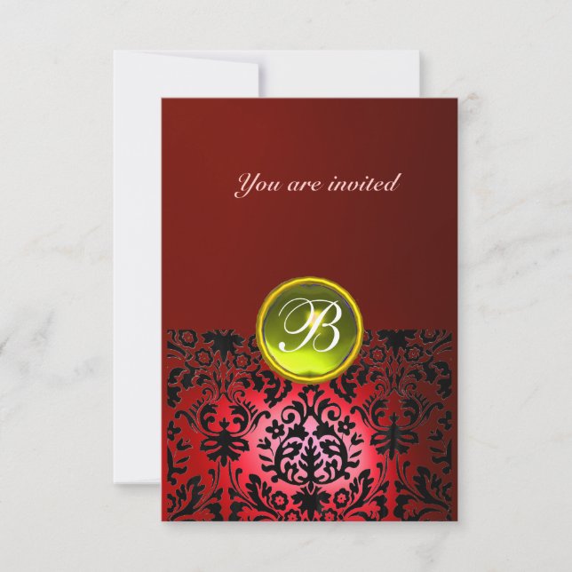 DAMASK GEM STONE MONOGRAM red yellow rsvp Invitation (Front)