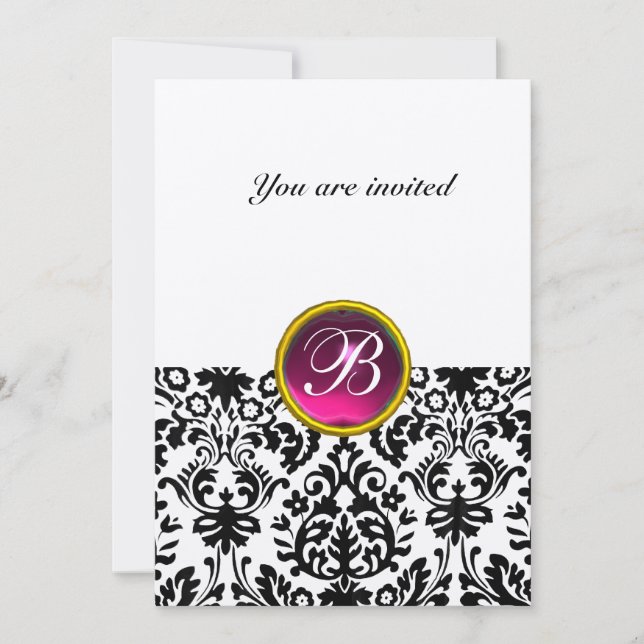 DAMASK GEM STONE MONOGRAM ruby pink fucsia gold Invitation (Front)