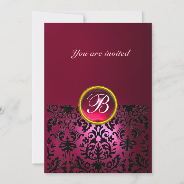 DAMASK GEM STONE MONOGRAM ruby pink fucsia Invitation (Front)