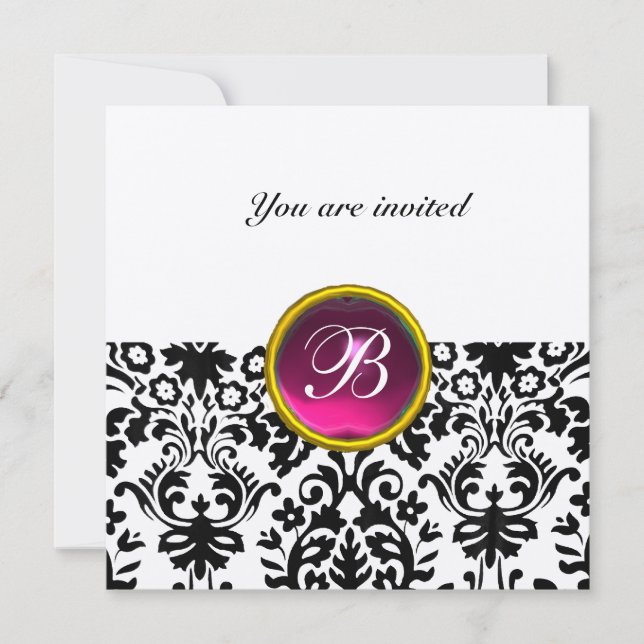 DAMASK GEM STONE MONOGRAM ruby pink gold Invitation (Front)