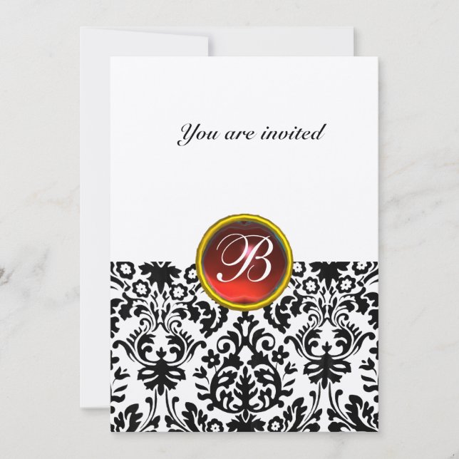 DAMASK GEM STONE MONOGRAM ruby red gold Invitation (Front)