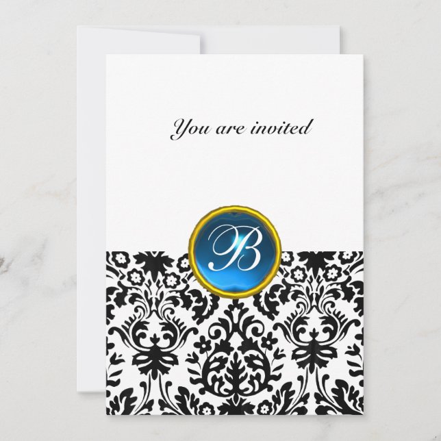 DAMASK GEM STONE MONOGRAM sapphire blue withe Invitation (Front)