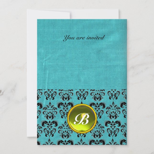 DAMASK GEM STONE MONOGRAM silk blue black white Invitation (Front)