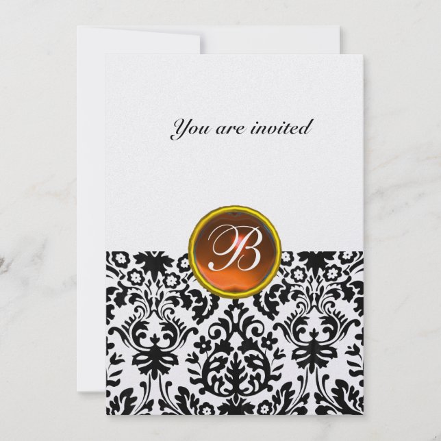 DAMASK GEM STONE MONOGRAM topaz orange ice Invitation (Front)
