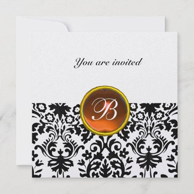 DAMASK GEM STONE MONOGRAM topaz  orange ice Invitation (Front)