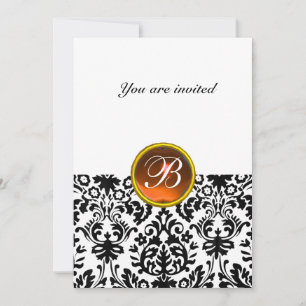 DAMASK GEM STONE MONOGRAM topaz orange white Invitation