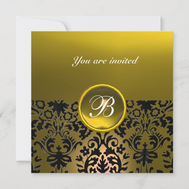 DAMASK GEM STONE MONOGRAM topaz yellow dark Invitation (Front)