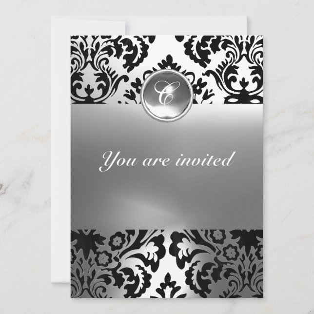 DAMASK GEM STONE MONOGRAM white Invitation (Front)